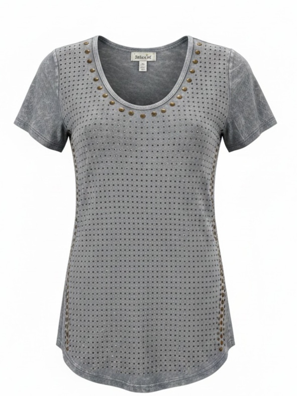 Vocal Grey Short Sleeve Studded Tee with Gold Accents